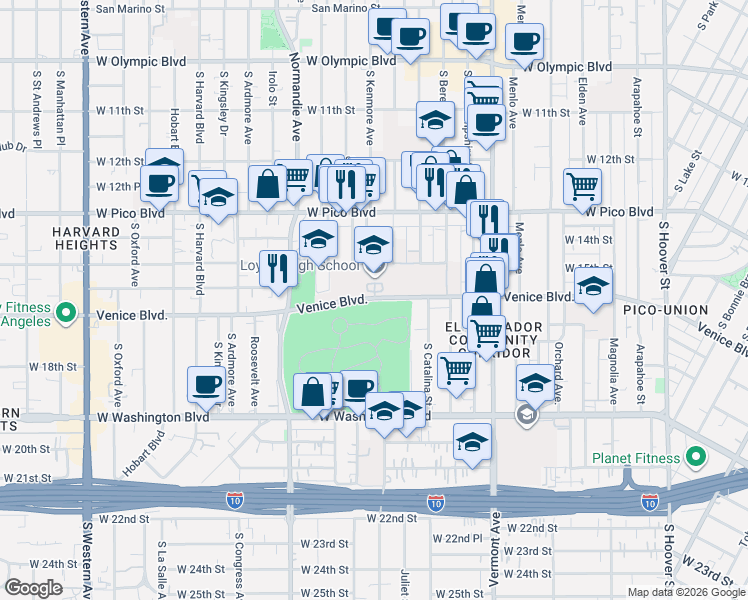 map of restaurants, bars, coffee shops, grocery stores, and more near 1846 Venice Boulevard in Los Angeles