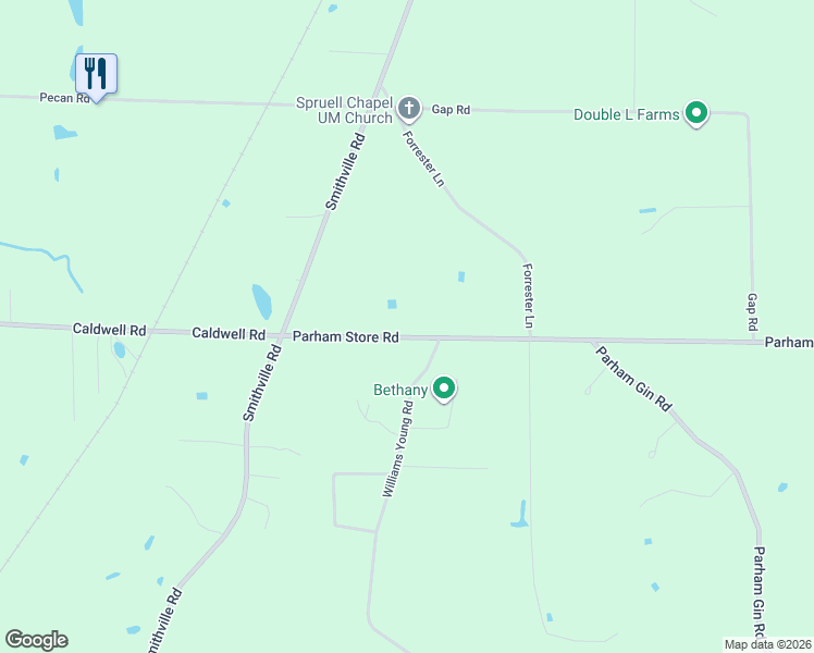 map of restaurants, bars, coffee shops, grocery stores, and more near 60490 Parham Store Road in Smithville