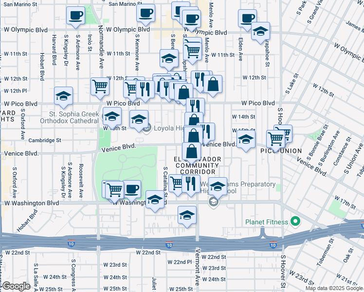 map of restaurants, bars, coffee shops, grocery stores, and more near 1738 Venice Boulevard in Los Angeles