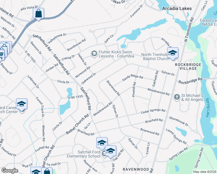 map of restaurants, bars, coffee shops, grocery stores, and more near 6431 Briarwood Road in Columbia