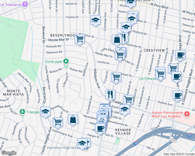 map of restaurants, bars, coffee shops, grocery stores, and more near 2036 Hillsboro Avenue in Los Angeles