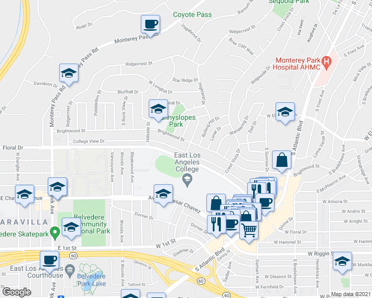 map of restaurants, bars, coffee shops, grocery stores, and more near 1501 College View Drive in Monterey Park