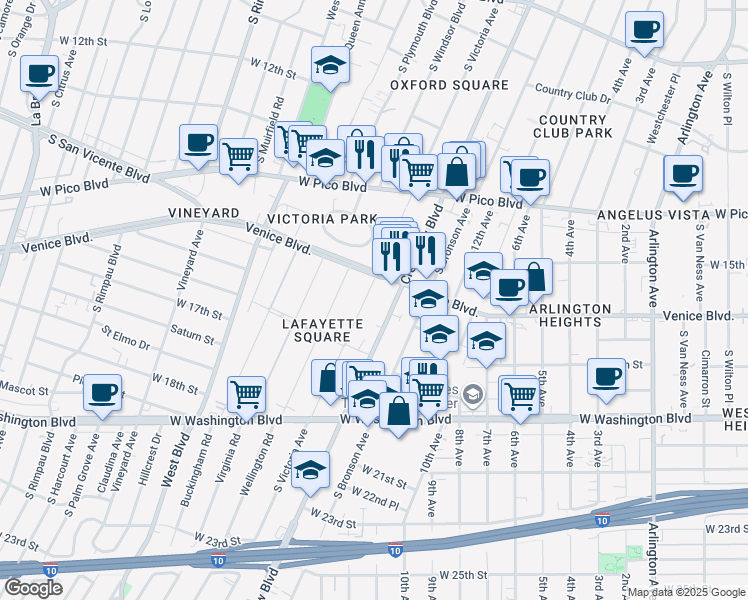 map of restaurants, bars, coffee shops, grocery stores, and more near 1625 Crenshaw Boulevard in Los Angeles