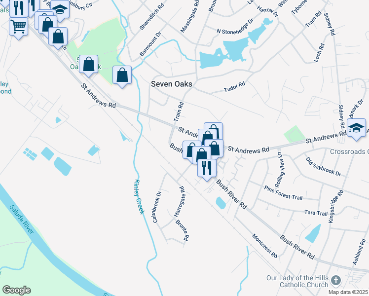 map of restaurants, bars, coffee shops, grocery stores, and more near 133 Dunaway Court in Columbia