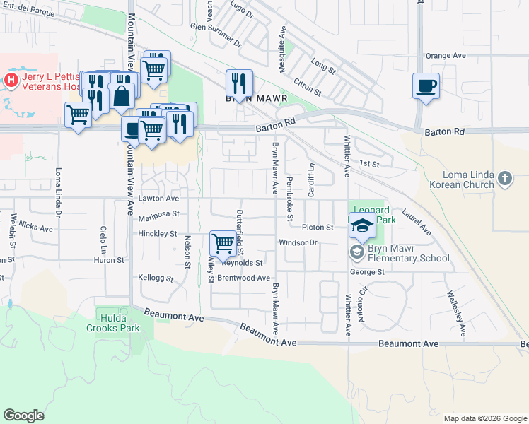 map of restaurants, bars, coffee shops, grocery stores, and more near 26072 Gardner Street in Loma Linda