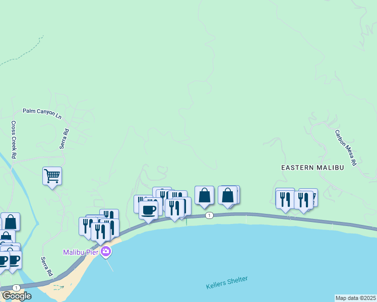 map of restaurants, bars, coffee shops, grocery stores, and more near 2930 Sweetwater Mesa Road in Malibu