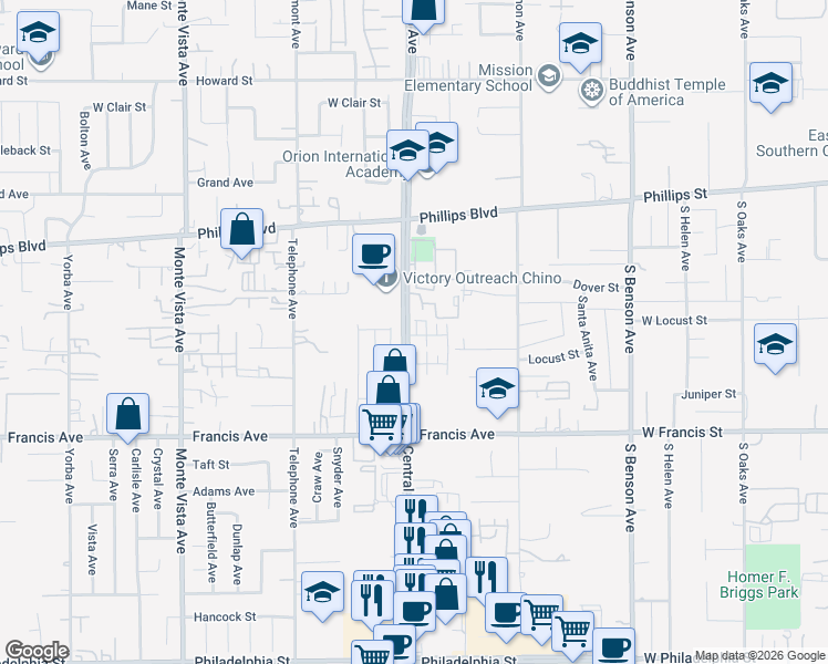 map of restaurants, bars, coffee shops, grocery stores, and more near 5310 Malibu Way in Chino