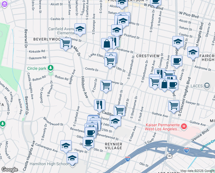 map of restaurants, bars, coffee shops, grocery stores, and more near 1904 South Robertson Boulevard in Los Angeles