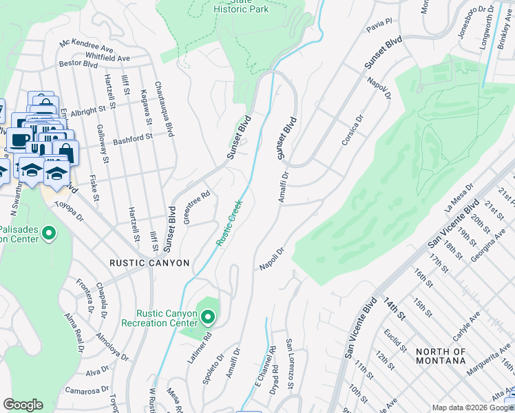 map of restaurants, bars, coffee shops, grocery stores, and more near 27 Latimer Road in Santa Monica