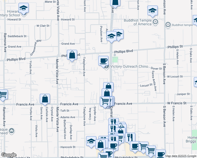 map of restaurants, bars, coffee shops, grocery stores, and more near 11516 Solaire Way in Chino