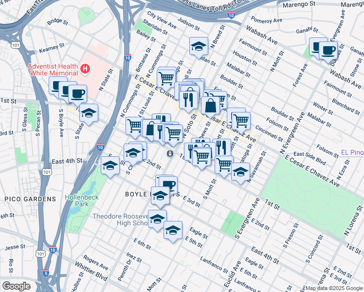 map of restaurants, bars, coffee shops, grocery stores, and more near 116 North Soto Street in Los Angeles