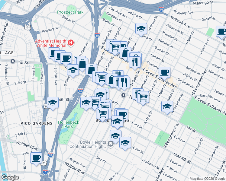 map of restaurants, bars, coffee shops, grocery stores, and more near 2220 1st Street in Los Angeles