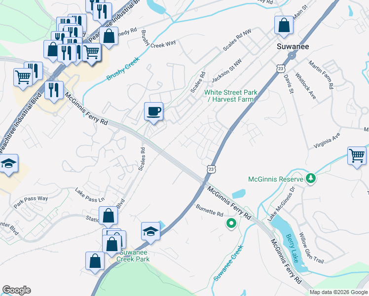 map of restaurants, bars, coffee shops, grocery stores, and more near 3823 White Street in Suwanee