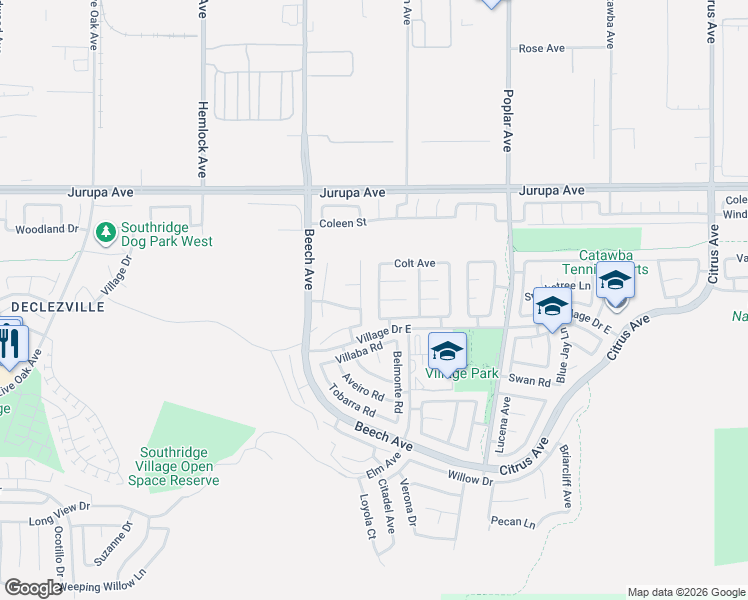 map of restaurants, bars, coffee shops, grocery stores, and more near 11504 Bell Tower Drive in Fontana