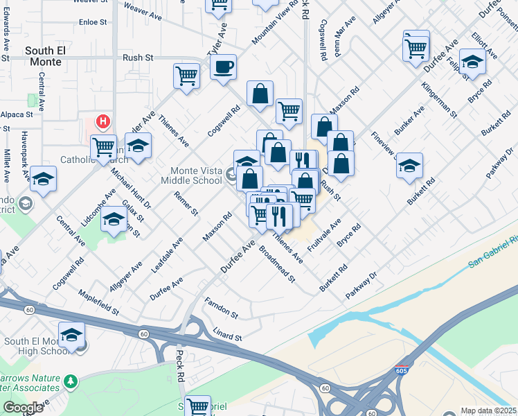 map of restaurants, bars, coffee shops, grocery stores, and more near 11223 Thienes Avenue in South El Monte