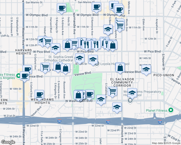map of restaurants, bars, coffee shops, grocery stores, and more near 1958 Venice Boulevard in Los Angeles