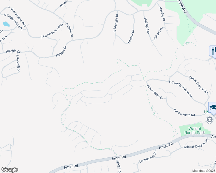 map of restaurants, bars, coffee shops, grocery stores, and more near 19679 Highland Terrace Drive in Walnut