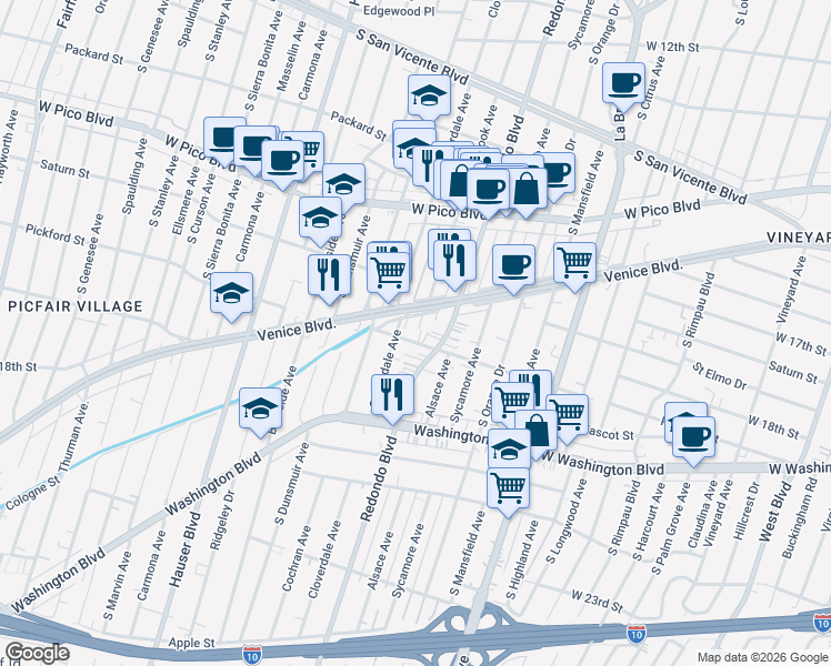 map of restaurants, bars, coffee shops, grocery stores, and more near 5173 Pickford Street in Los Angeles