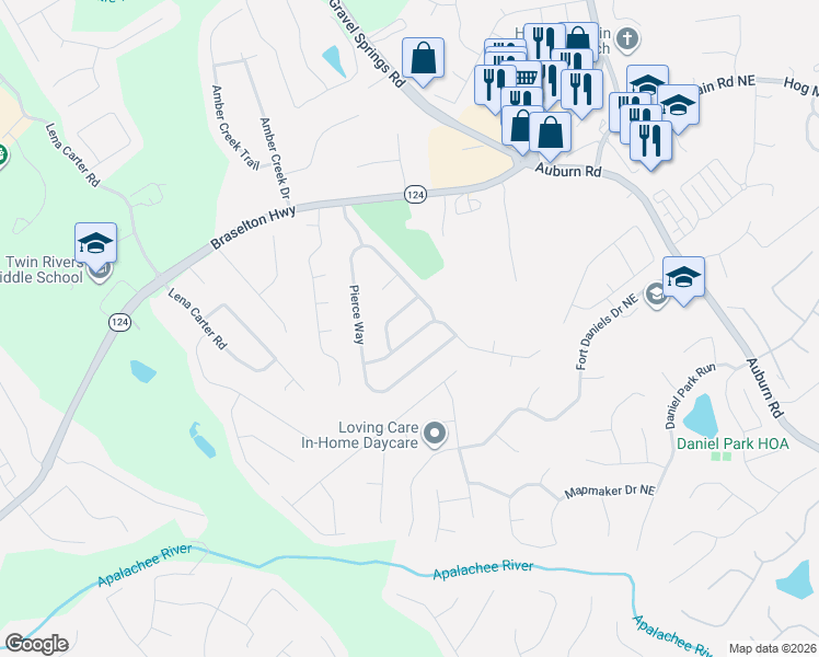 map of restaurants, bars, coffee shops, grocery stores, and more near 2482 Lance Ridge Way Northeast in Buford