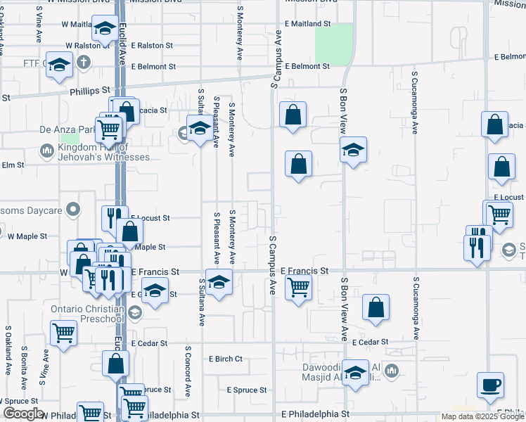 map of restaurants, bars, coffee shops, grocery stores, and more near 1650 South Campus Avenue in Ontario