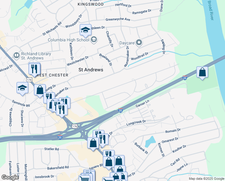 map of restaurants, bars, coffee shops, grocery stores, and more near 1701 Ripplerock Road in Columbia