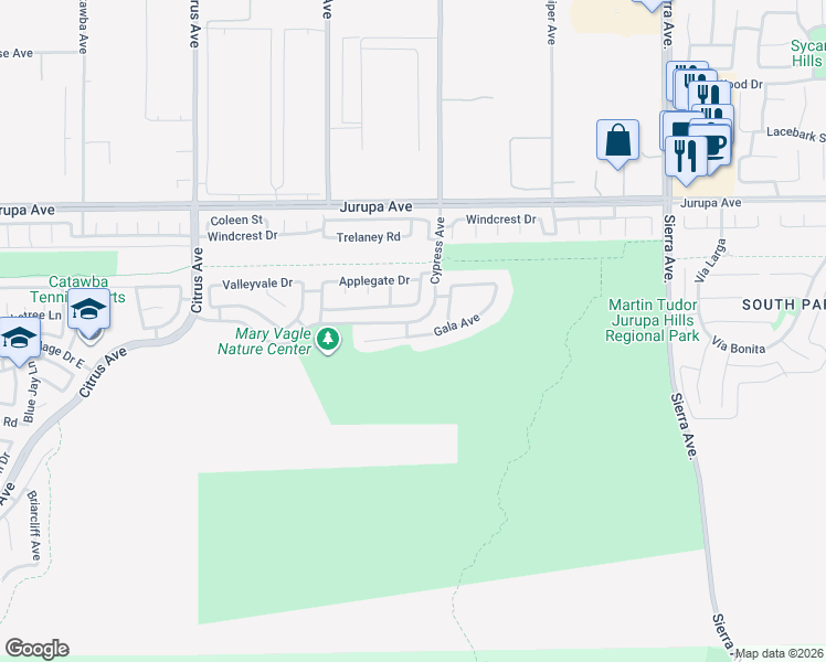 map of restaurants, bars, coffee shops, grocery stores, and more near 16456 Gala Avenue in Fontana