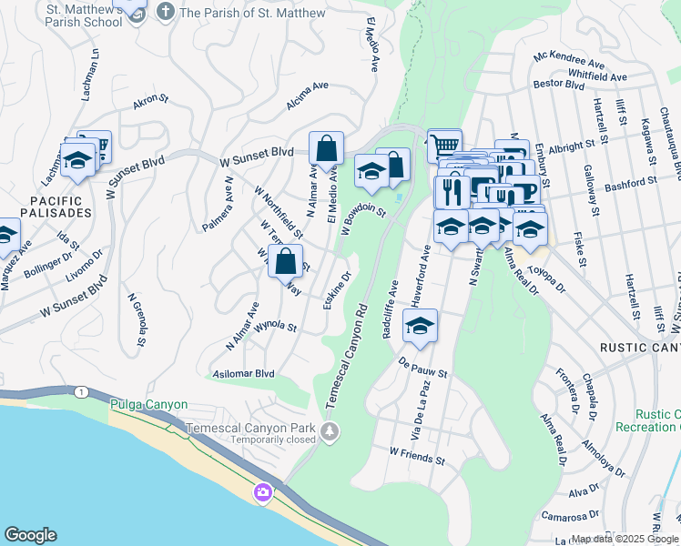 map of restaurants, bars, coffee shops, grocery stores, and more near 651 Erskine Drive in Los Angeles