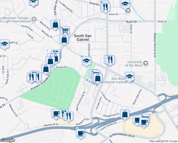 map of restaurants, bars, coffee shops, grocery stores, and more near 8051 Arroyo Drive in Rosemead
