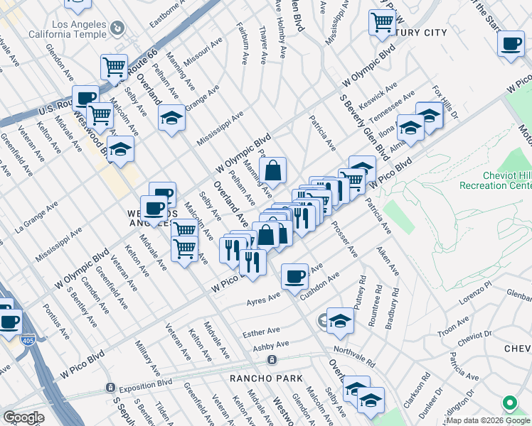 map of restaurants, bars, coffee shops, grocery stores, and more near 2316 Pelham Avenue in Los Angeles