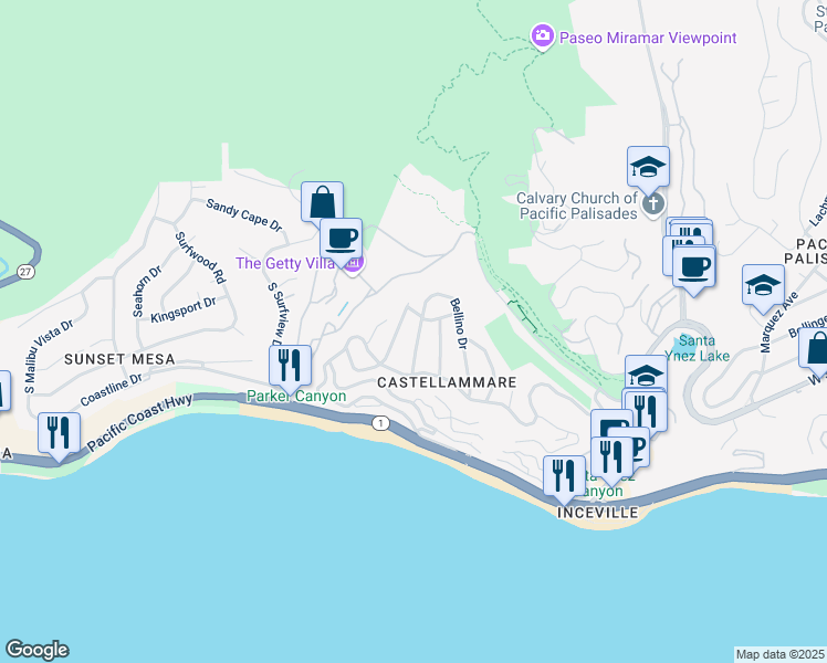 map of restaurants, bars, coffee shops, grocery stores, and more near 245 Tranquillo Road in Los Angeles