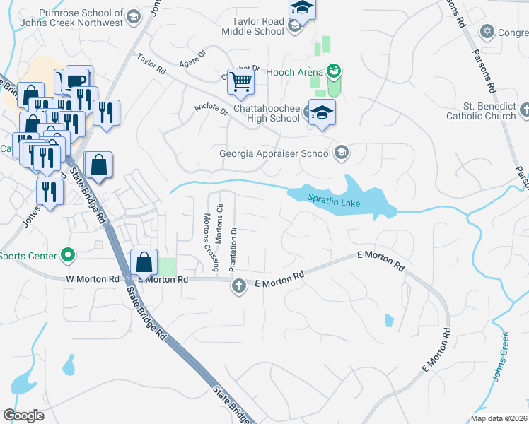 map of restaurants, bars, coffee shops, grocery stores, and more near 460 Carriage Court in Alpharetta