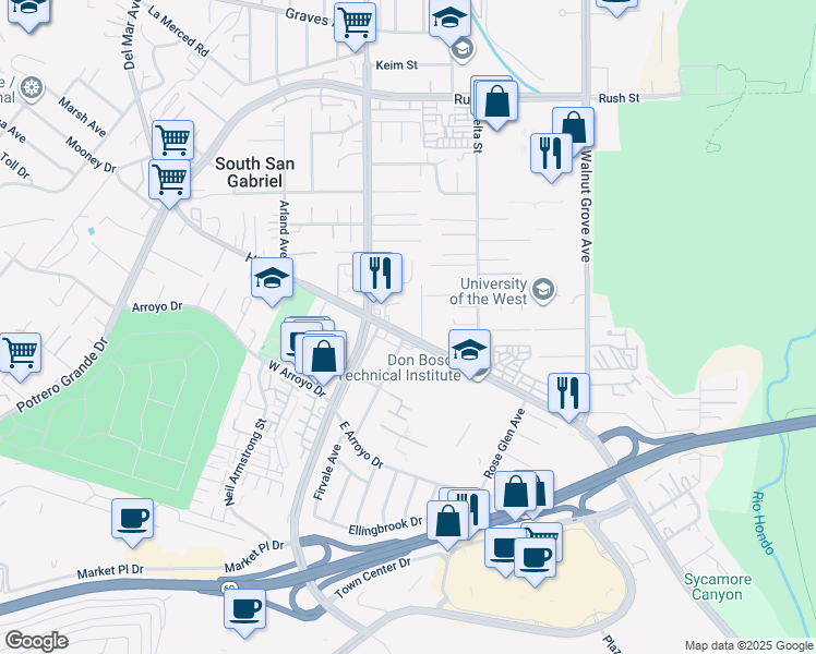 map of restaurants, bars, coffee shops, grocery stores, and more near 1288 San Gabriel Boulevard in Rosemead