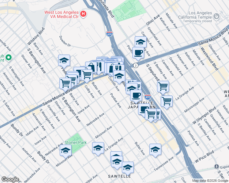 map of restaurants, bars, coffee shops, grocery stores, and more near 11346 Iowa Avenue in Los Angeles