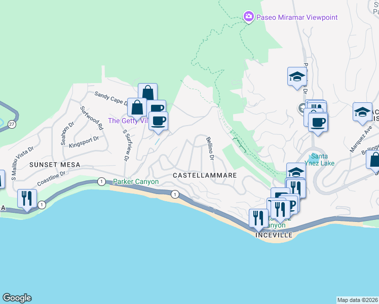 map of restaurants, bars, coffee shops, grocery stores, and more near 234 Monte Grigio Drive in Los Angeles