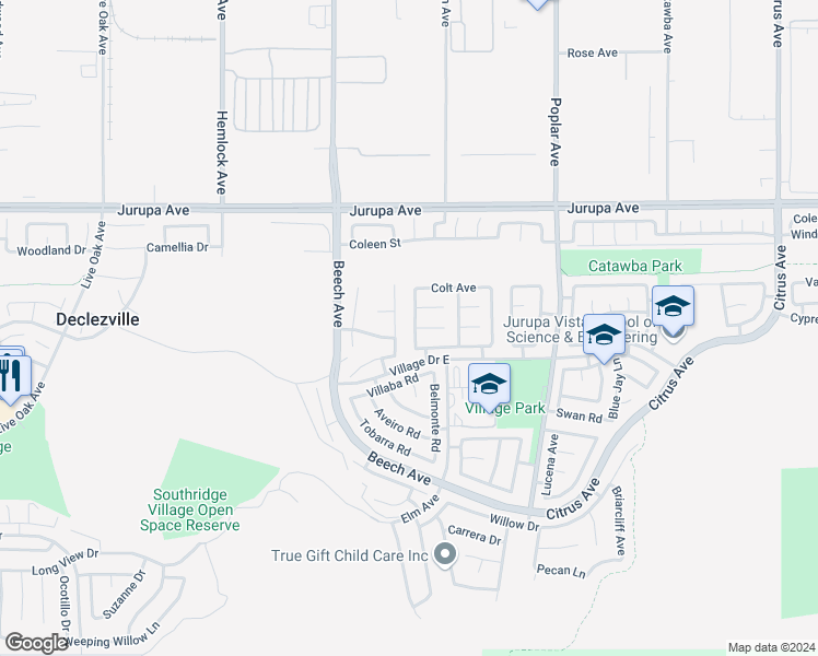 map of restaurants, bars, coffee shops, grocery stores, and more near 11504 Bell Tower Drive in Fontana