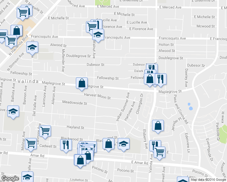 map of restaurants, bars, coffee shops, grocery stores, and more near 16108 Maplegrove Street in La Puente