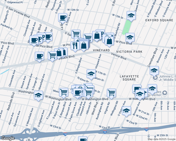 map of restaurants, bars, coffee shops, grocery stores, and more near 4634 West 17th Street in Los Angeles