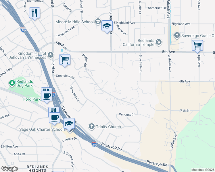 map of restaurants, bars, coffee shops, grocery stores, and more near 1561 Marion Road in Redlands