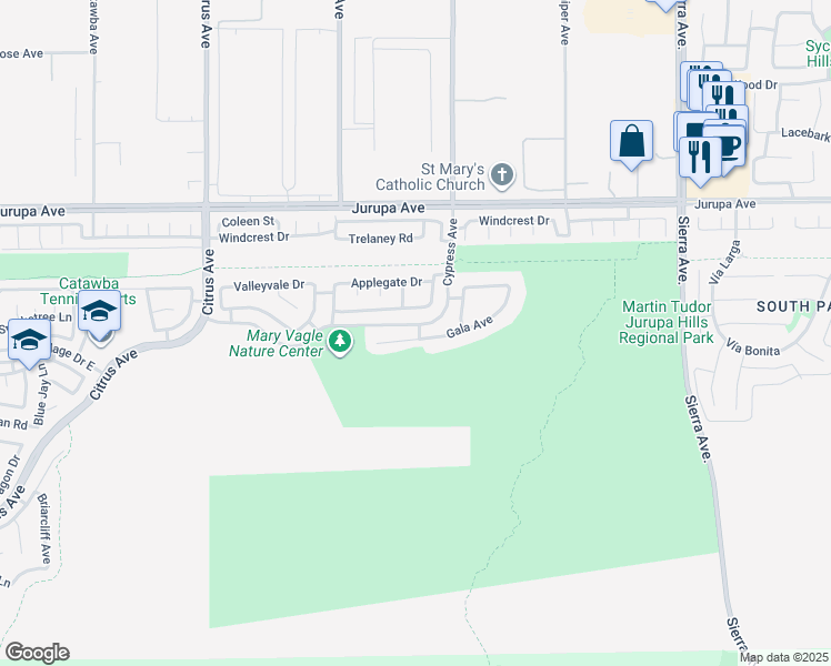 map of restaurants, bars, coffee shops, grocery stores, and more near 16438 Gala Avenue in Fontana