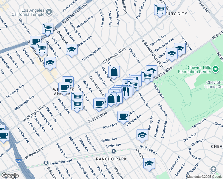 map of restaurants, bars, coffee shops, grocery stores, and more near 2310 Pelham Avenue in Los Angeles