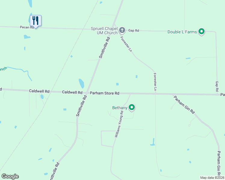 map of restaurants, bars, coffee shops, grocery stores, and more near 60490 Parham Store Road in Smithville