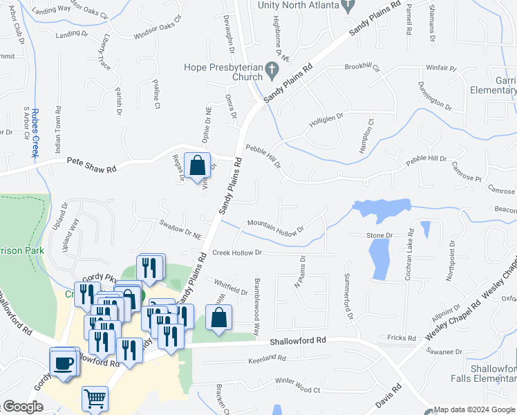 map of restaurants, bars, coffee shops, grocery stores, and more near 3870 Trade Wind Court in Marietta