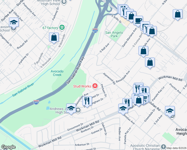 map of restaurants, bars, coffee shops, grocery stores, and more near 583 Santa Mariana Avenue in La Puente