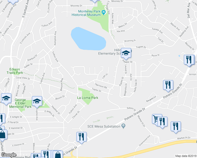 map of restaurants, bars, coffee shops, grocery stores, and more near 1828 Fillmore Drive in Monterey Park