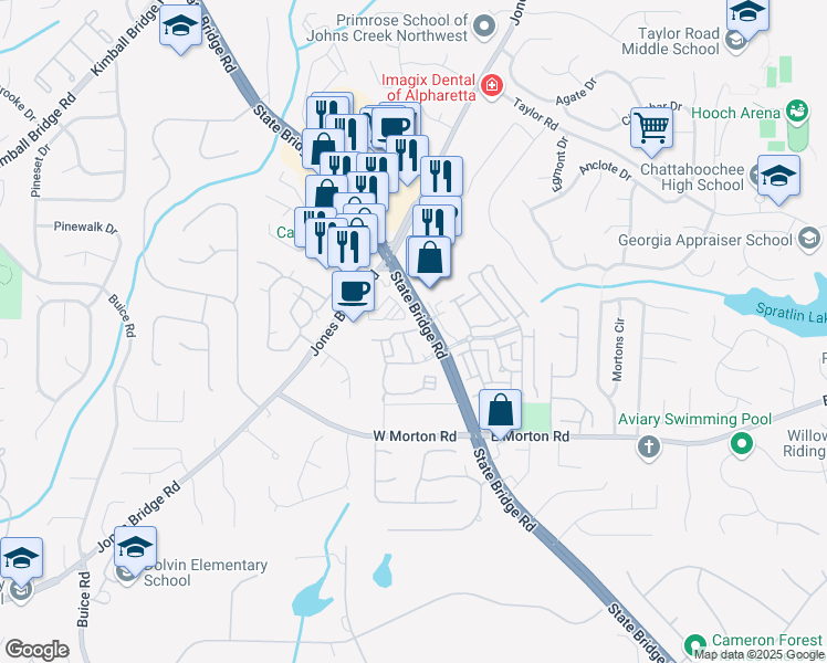 map of restaurants, bars, coffee shops, grocery stores, and more near 107 Cameron Bridge Way in Johns Creek