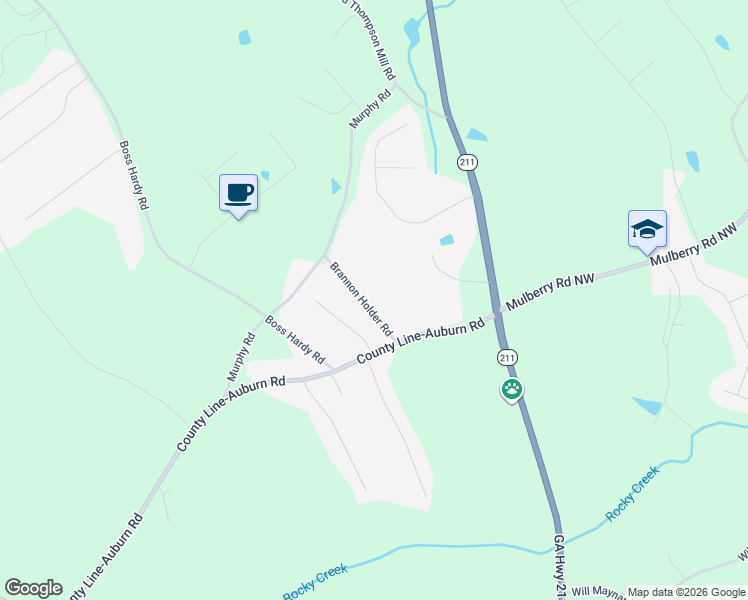 map of restaurants, bars, coffee shops, grocery stores, and more near 707 Pinecrest Road in Winder