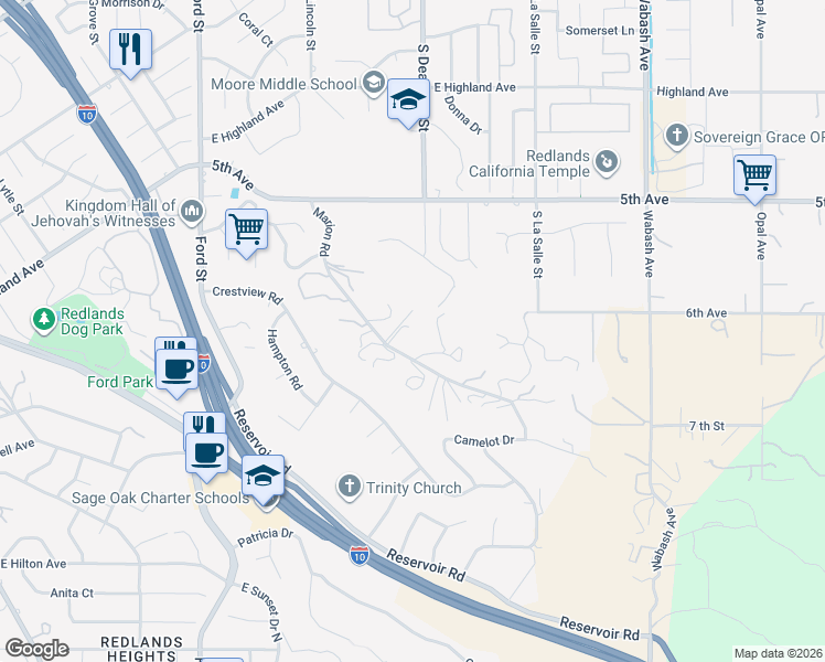 map of restaurants, bars, coffee shops, grocery stores, and more near 1561 Marion Road in Redlands