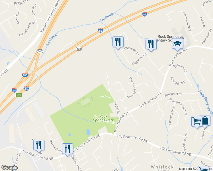 map of restaurants, bars, coffee shops, grocery stores, and more near 2998 Spriggs Road in Lawrenceville