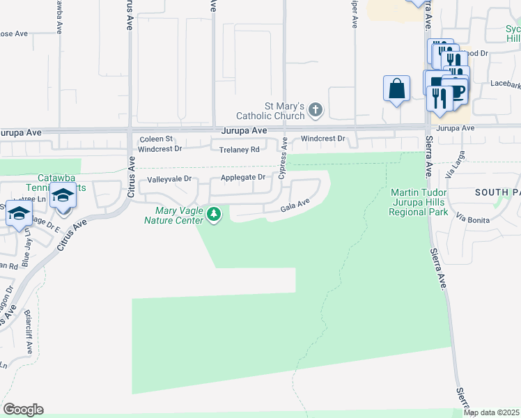 map of restaurants, bars, coffee shops, grocery stores, and more near 16438 Gala Avenue in Fontana
