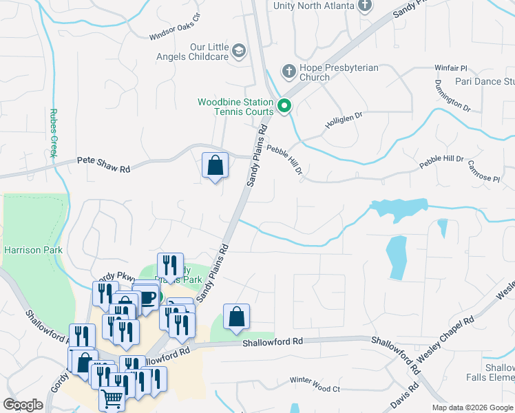 map of restaurants, bars, coffee shops, grocery stores, and more near 3850 Trade Wind Court in Marietta